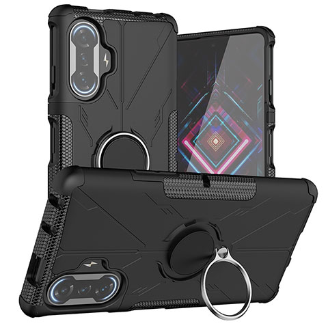 Silikon Hülle Handyhülle und Kunststoff Schutzhülle Hartschalen Tasche mit Magnetisch Fingerring Ständer JX1 für Xiaomi Poco F3 GT 5G Schwarz