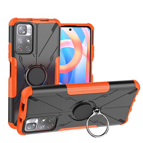 Silikon Hülle Handyhülle und Kunststoff Schutzhülle Hartschalen Tasche mit Magnetisch Fingerring Ständer JX1 für Xiaomi Poco M4 Pro 5G Orange