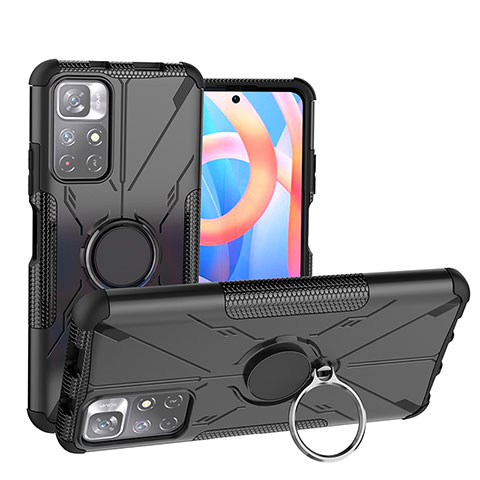 Silikon Hülle Handyhülle und Kunststoff Schutzhülle Hartschalen Tasche mit Magnetisch Fingerring Ständer JX1 für Xiaomi Poco M4 Pro 5G Schwarz