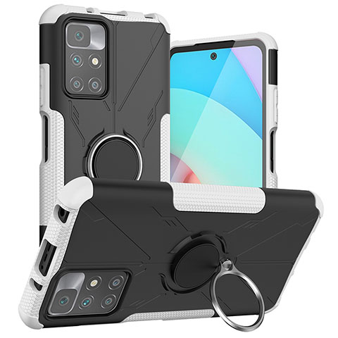 Silikon Hülle Handyhülle und Kunststoff Schutzhülle Hartschalen Tasche mit Magnetisch Fingerring Ständer JX1 für Xiaomi Redmi 10 (2022) Silber