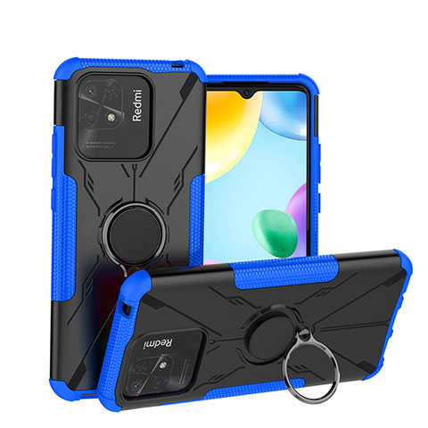 Silikon Hülle Handyhülle und Kunststoff Schutzhülle Hartschalen Tasche mit Magnetisch Fingerring Ständer JX1 für Xiaomi Redmi 10 Power Blau