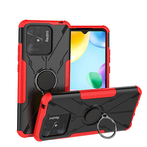 Silikon Hülle Handyhülle und Kunststoff Schutzhülle Hartschalen Tasche mit Magnetisch Fingerring Ständer JX1 für Xiaomi Redmi 10 Power Rot