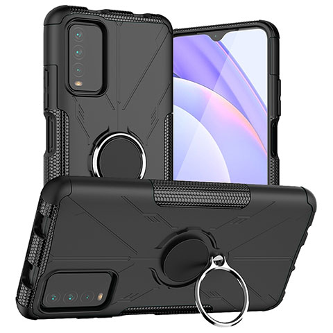 Silikon Hülle Handyhülle und Kunststoff Schutzhülle Hartschalen Tasche mit Magnetisch Fingerring Ständer JX1 für Xiaomi Redmi 9 Power Schwarz