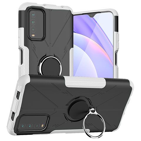 Silikon Hülle Handyhülle und Kunststoff Schutzhülle Hartschalen Tasche mit Magnetisch Fingerring Ständer JX1 für Xiaomi Redmi 9 Power Silber