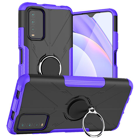 Silikon Hülle Handyhülle und Kunststoff Schutzhülle Hartschalen Tasche mit Magnetisch Fingerring Ständer JX1 für Xiaomi Redmi 9T 4G Violett