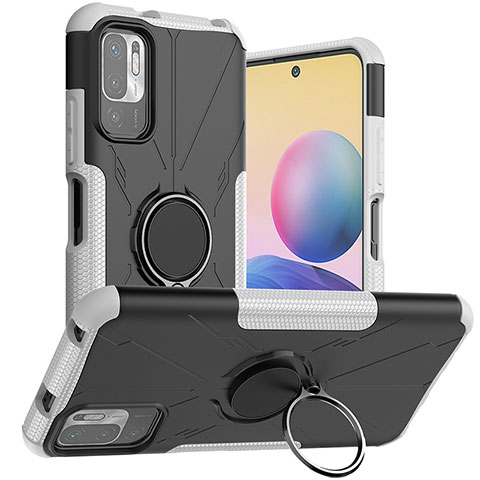 Silikon Hülle Handyhülle und Kunststoff Schutzhülle Hartschalen Tasche mit Magnetisch Fingerring Ständer JX1 für Xiaomi Redmi Note 10 5G Silber