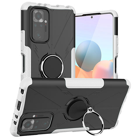 Silikon Hülle Handyhülle und Kunststoff Schutzhülle Hartschalen Tasche mit Magnetisch Fingerring Ständer JX1 für Xiaomi Redmi Note 10 Pro 4G Silber