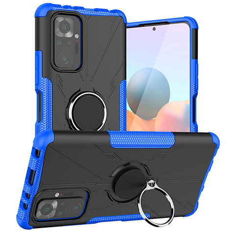 Silikon Hülle Handyhülle und Kunststoff Schutzhülle Hartschalen Tasche mit Magnetisch Fingerring Ständer JX1 für Xiaomi Redmi Note 10 Pro Max Blau