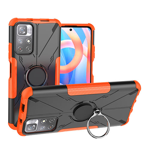 Silikon Hülle Handyhülle und Kunststoff Schutzhülle Hartschalen Tasche mit Magnetisch Fingerring Ständer JX1 für Xiaomi Redmi Note 11 5G Orange