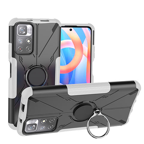 Silikon Hülle Handyhülle und Kunststoff Schutzhülle Hartschalen Tasche mit Magnetisch Fingerring Ständer JX1 für Xiaomi Redmi Note 11 5G Silber
