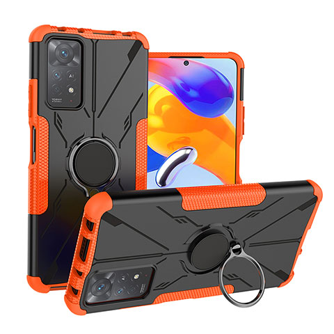 Silikon Hülle Handyhülle und Kunststoff Schutzhülle Hartschalen Tasche mit Magnetisch Fingerring Ständer JX1 für Xiaomi Redmi Note 11 Pro 4G Orange