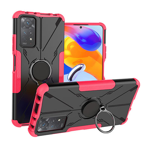 Silikon Hülle Handyhülle und Kunststoff Schutzhülle Hartschalen Tasche mit Magnetisch Fingerring Ständer JX1 für Xiaomi Redmi Note 11 Pro 4G Pink