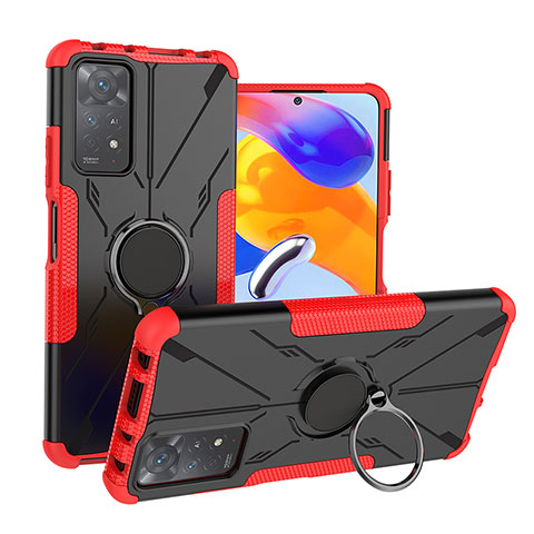 Silikon Hülle Handyhülle und Kunststoff Schutzhülle Hartschalen Tasche mit Magnetisch Fingerring Ständer JX1 für Xiaomi Redmi Note 11 Pro 4G Rot