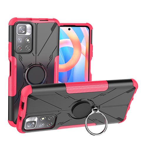 Silikon Hülle Handyhülle und Kunststoff Schutzhülle Hartschalen Tasche mit Magnetisch Fingerring Ständer JX1 für Xiaomi Redmi Note 11T 5G Pink