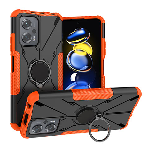 Silikon Hülle Handyhülle und Kunststoff Schutzhülle Hartschalen Tasche mit Magnetisch Fingerring Ständer JX1 für Xiaomi Redmi Note 11T Pro 5G Orange