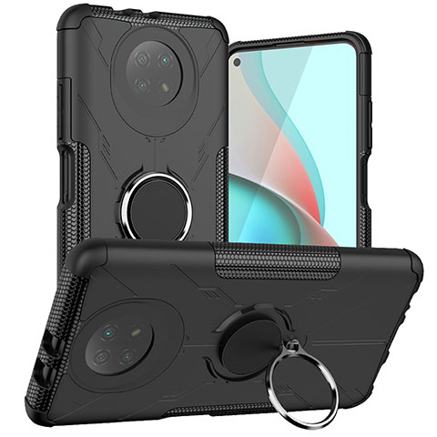 Silikon Hülle Handyhülle und Kunststoff Schutzhülle Hartschalen Tasche mit Magnetisch Fingerring Ständer JX1 für Xiaomi Redmi Note 9 5G Schwarz