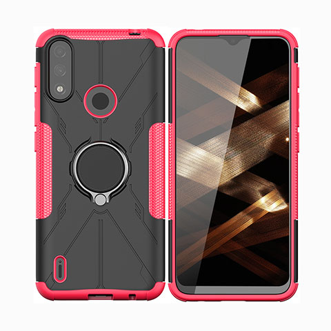 Silikon Hülle Handyhülle und Kunststoff Schutzhülle Hartschalen Tasche mit Magnetisch Fingerring Ständer JX2 für Motorola Moto E7 Power Pink