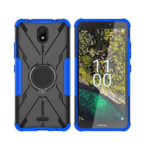 Silikon Hülle Handyhülle und Kunststoff Schutzhülle Hartschalen Tasche mit Magnetisch Fingerring Ständer JX2 für Nokia C100 Blau