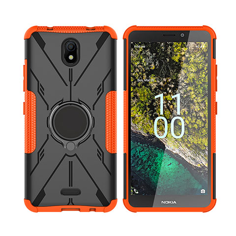 Silikon Hülle Handyhülle und Kunststoff Schutzhülle Hartschalen Tasche mit Magnetisch Fingerring Ständer JX2 für Nokia C100 Orange