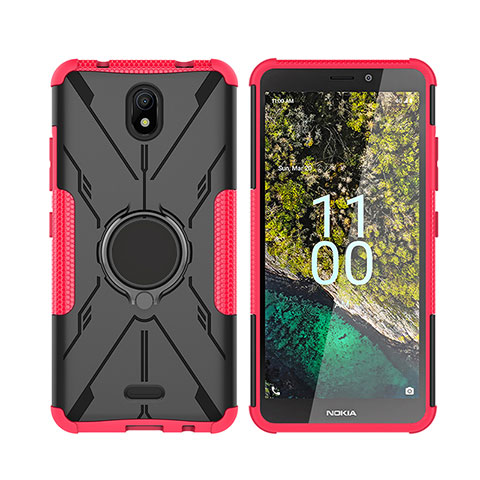 Silikon Hülle Handyhülle und Kunststoff Schutzhülle Hartschalen Tasche mit Magnetisch Fingerring Ständer JX2 für Nokia C100 Pink