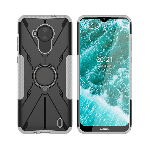 Silikon Hülle Handyhülle und Kunststoff Schutzhülle Hartschalen Tasche mit Magnetisch Fingerring Ständer JX2 für Nokia C30 Silber