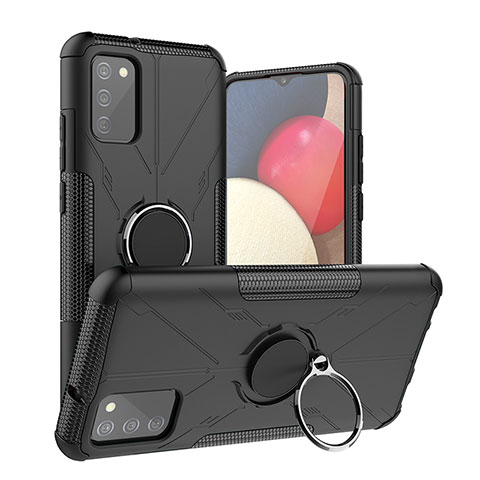 Silikon Hülle Handyhülle und Kunststoff Schutzhülle Hartschalen Tasche mit Magnetisch Fingerring Ständer JX2 für Samsung Galaxy A03s Schwarz