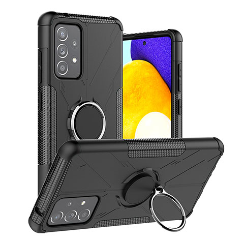 Silikon Hülle Handyhülle und Kunststoff Schutzhülle Hartschalen Tasche mit Magnetisch Fingerring Ständer JX2 für Samsung Galaxy A52 4G Schwarz