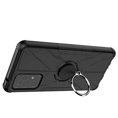 Silikon Hülle Handyhülle und Kunststoff Schutzhülle Hartschalen Tasche mit Magnetisch Fingerring Ständer JX2 für Samsung Galaxy A72 4G Schwarz