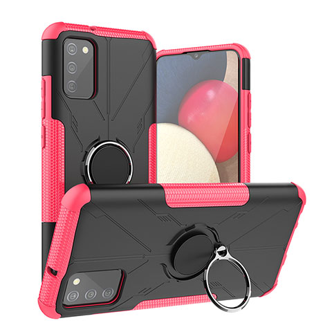 Silikon Hülle Handyhülle und Kunststoff Schutzhülle Hartschalen Tasche mit Magnetisch Fingerring Ständer JX2 für Samsung Galaxy F02S SM-E025F Pink