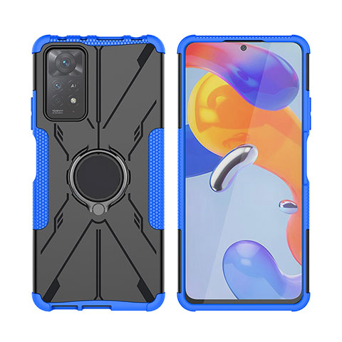 Silikon Hülle Handyhülle und Kunststoff Schutzhülle Hartschalen Tasche mit Magnetisch Fingerring Ständer JX2 für Xiaomi Redmi Note 11 Pro 5G Blau