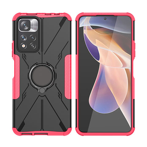 Silikon Hülle Handyhülle und Kunststoff Schutzhülle Hartschalen Tasche mit Magnetisch Fingerring Ständer JX2 für Xiaomi Redmi Note 11 Pro+ Plus 5G Rot