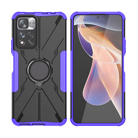 Silikon Hülle Handyhülle und Kunststoff Schutzhülle Hartschalen Tasche mit Magnetisch Fingerring Ständer JX2 für Xiaomi Redmi Note 11 Pro+ Plus 5G Violett