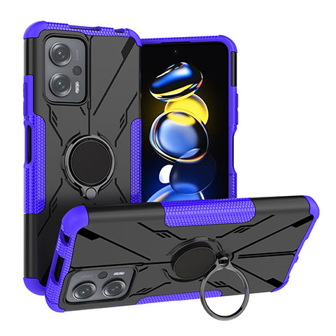 Silikon Hülle Handyhülle und Kunststoff Schutzhülle Hartschalen Tasche mit Magnetisch Fingerring Ständer JX2 für Xiaomi Redmi Note 11T Pro 5G Violett