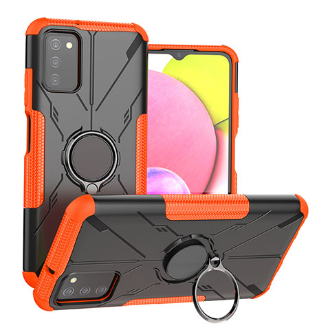 Silikon Hülle Handyhülle und Kunststoff Schutzhülle Hartschalen Tasche mit Magnetisch Fingerring Ständer JX3 für Samsung Galaxy A02s Orange