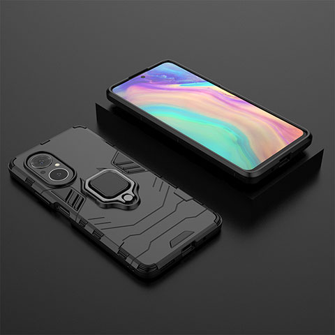 Silikon Hülle Handyhülle und Kunststoff Schutzhülle Hartschalen Tasche mit Magnetisch Fingerring Ständer KC1 für Huawei Honor 50 SE 5G Schwarz