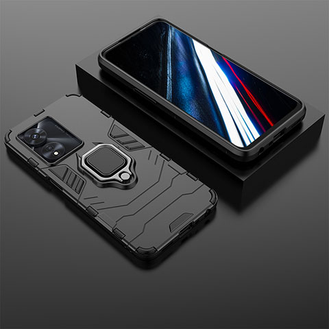 Silikon Hülle Handyhülle und Kunststoff Schutzhülle Hartschalen Tasche mit Magnetisch Fingerring Ständer KC1 für Oppo A38 Schwarz