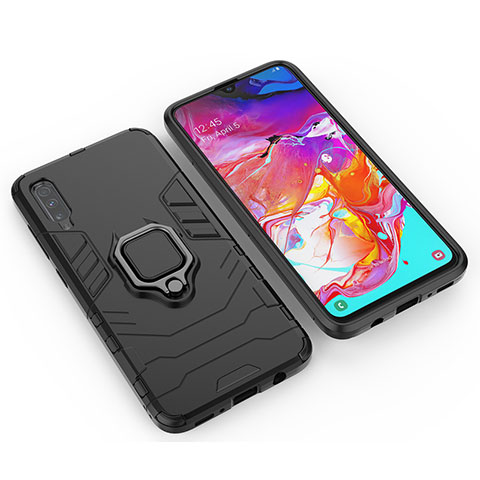 Silikon Hülle Handyhülle und Kunststoff Schutzhülle Hartschalen Tasche mit Magnetisch Fingerring Ständer KC1 für Samsung Galaxy A70 Schwarz