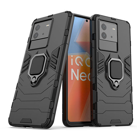 Silikon Hülle Handyhülle und Kunststoff Schutzhülle Hartschalen Tasche mit Magnetisch Fingerring Ständer KC1 für Vivo iQOO Neo6 5G Schwarz