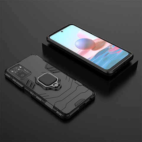 Silikon Hülle Handyhülle und Kunststoff Schutzhülle Hartschalen Tasche mit Magnetisch Fingerring Ständer KC1 für Xiaomi Poco M5S Schwarz