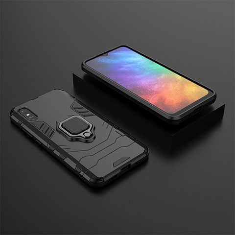 Silikon Hülle Handyhülle und Kunststoff Schutzhülle Hartschalen Tasche mit Magnetisch Fingerring Ständer KC1 für Xiaomi Redmi 9A Schwarz