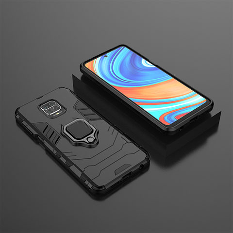 Silikon Hülle Handyhülle und Kunststoff Schutzhülle Hartschalen Tasche mit Magnetisch Fingerring Ständer KC1 für Xiaomi Redmi Note 9 Pro Schwarz