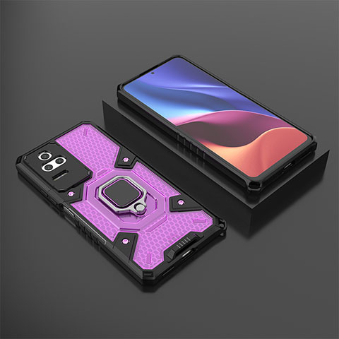 Silikon Hülle Handyhülle und Kunststoff Schutzhülle Hartschalen Tasche mit Magnetisch Fingerring Ständer KC3 für Xiaomi Redmi K50 5G Violett