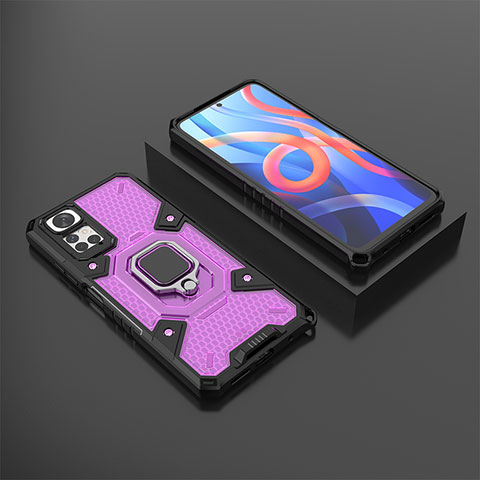 Silikon Hülle Handyhülle und Kunststoff Schutzhülle Hartschalen Tasche mit Magnetisch Fingerring Ständer KC3 für Xiaomi Redmi Note 11 4G (2022) Violett