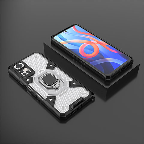 Silikon Hülle Handyhülle und Kunststoff Schutzhülle Hartschalen Tasche mit Magnetisch Fingerring Ständer KC3 für Xiaomi Redmi Note 11 4G (2022) Weiß