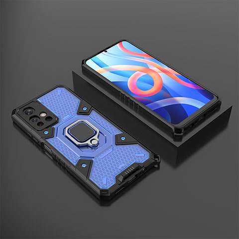 Silikon Hülle Handyhülle und Kunststoff Schutzhülle Hartschalen Tasche mit Magnetisch Fingerring Ständer KC3 für Xiaomi Redmi Note 11 5G Blau