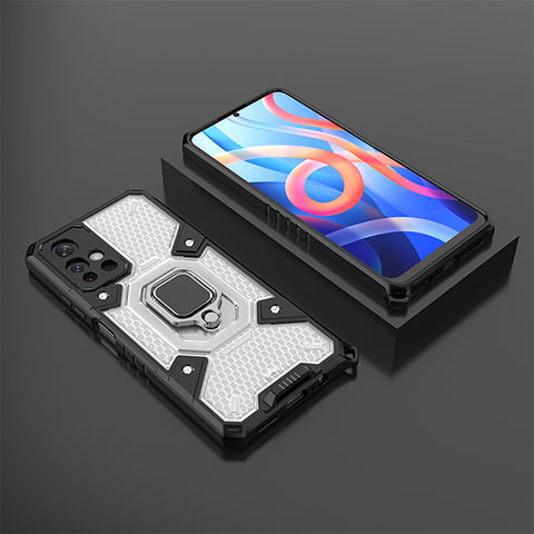 Silikon Hülle Handyhülle und Kunststoff Schutzhülle Hartschalen Tasche mit Magnetisch Fingerring Ständer KC3 für Xiaomi Redmi Note 11 5G Weiß