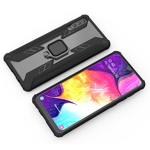 Silikon Hülle Handyhülle und Kunststoff Schutzhülle Hartschalen Tasche mit Magnetisch Fingerring Ständer KC4 für Samsung Galaxy A30S Schwarz