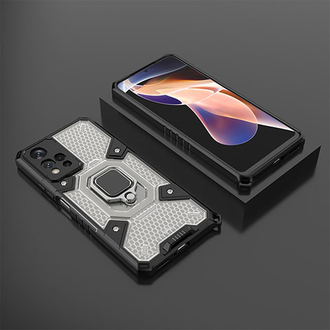 Silikon Hülle Handyhülle und Kunststoff Schutzhülle Hartschalen Tasche mit Magnetisch Fingerring Ständer KC4 für Xiaomi Redmi Note 11 Pro+ Plus 5G Schwarz