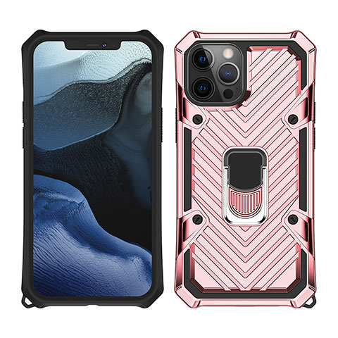 Silikon Hülle Handyhülle und Kunststoff Schutzhülle Hartschalen Tasche mit Magnetisch Fingerring Ständer M01 für Apple iPhone 12 Pro Rosegold