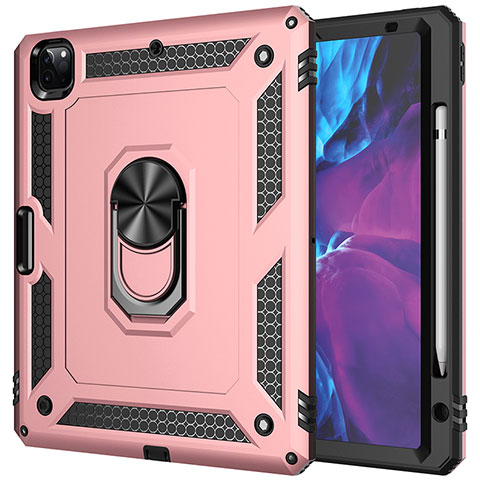 Silikon Hülle Handyhülle und Kunststoff Schutzhülle Hartschalen Tasche mit Magnetisch Fingerring Ständer MQ1 für Apple iPad Pro 12.9 (2020) Rosegold